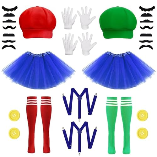 Image of LIUWAZJ Halloween Plumber Costume Set for Women, Classic Red and Green Fancy Dress Set with Hat, Tutu Skirt, Striped Sock, Glove, Strap, Buttons, Beard for Adult Carnival Cosplay Party