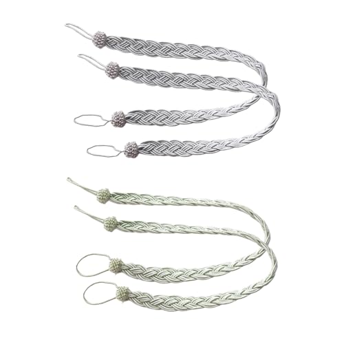 Image of 2 Pair Curtain Tiebacks, Green and Grey Hand-Woven Durable Rope with Chinese Knot, No-Drill Decorative Curtain Holders for Sheer, Drape, Blackout Curtains, for Bedroom, Living Room, Indoor & Outdoor
