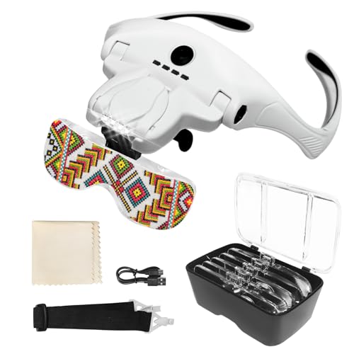 Headband Magnifying Glasses with Light,Rechargeable Magnifying Glasses Headset with 4 LEDs and 2 Levels of Adjustable Brightness, Jeweler's Magnifying lamp for Diamond Painting Kits Detail Work