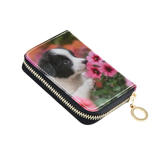 GAIGEO 9 Credit Card Slots & 2 Cash Slots Womens Wallets Zip Around Small Coin Change Purse with Zipper Puppy White Black Dog Cute