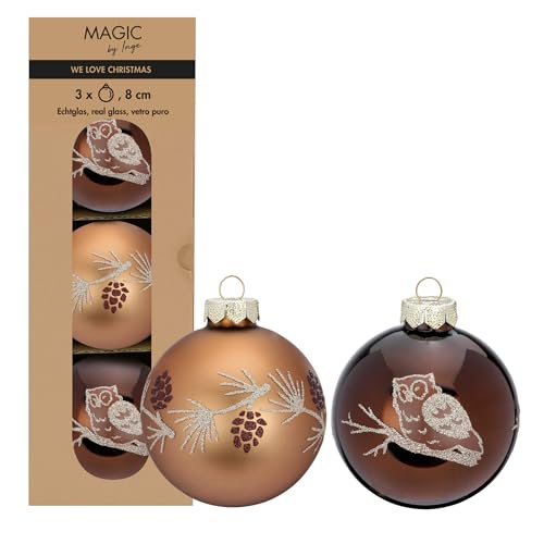 Weihnachtskugeln Glas 8cm 3er Set matt & glänzend mit Eule Zweig Zapfen Motiv Christbaumkugeln Weihnachtsbaumkugeln Christbaumschmuck Weihnachtsbaumschmuck Winterdeko Braun Beige Mix - Elegant Lounge