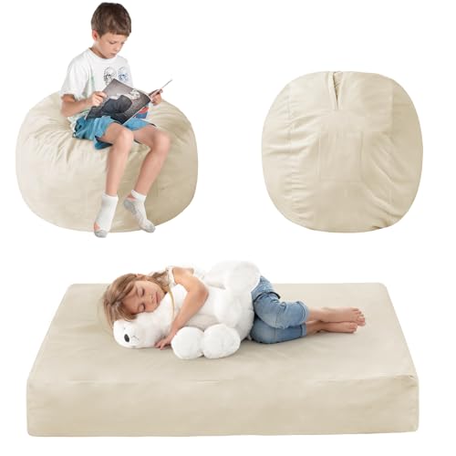 Kids Bean Bag Chair Bed - Convertible Lazy Chair to Floor Mattress with Filler - Small Beanbag Chair for Boys and Girls - Floor Couch Sofa in Bedroom, Classroom, Reading Nook - Beige
