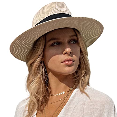 accsa Panama Straw Hat for Women Wide Brim Summer Straw Hat Classic Sun Hat for Beach Ladies Foldable Fedora Hat UPF 50+