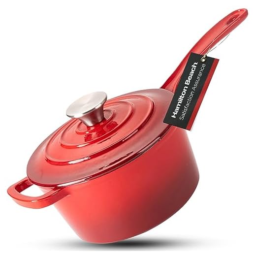 Hamilton Beach Enameled Cast Iron Sauce Pan 2-Quart Red, Cream Enamel coating, Pot For Stove top and Oven Cooking, Even Heat Distribution, Safe Up to 400 Degrees, Smooth and Durable