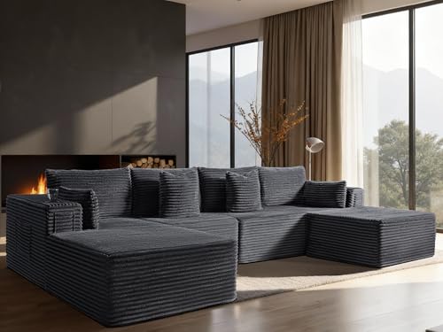 Image of 138 inch Oversized Cloud Sectional Couch, Comfort U Shaped Sofa for Living Room, Extra Deep Seats No Assembly, Minimalist Modular Couch, Corduroy (Dark Grey, 3 Seater+Left Facing Chaise+Ottoman)
