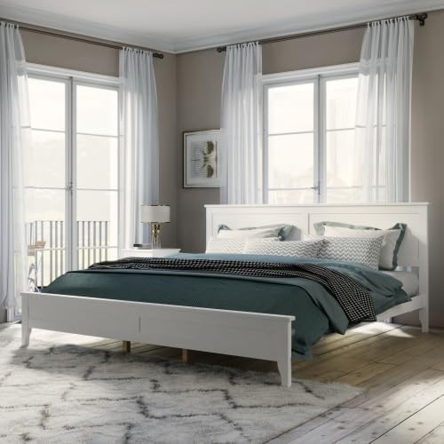 Miniatura 34 de Base de cama de tamaño matrimonial con cabecero y estribo, cama de plataforma de madera maciza blanca de estilo conciso moderno para niños,