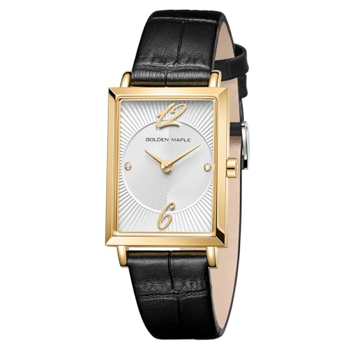 GOLDEN MAPLE Elegant Watches for Women, Swiss Quartz Movement Watch with Two Diamond Markers, Gold Rectangular Stainless Steel Case, Mesh or Leather Band