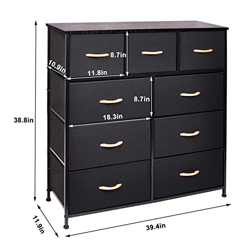 CERBIOR Wide Drawer Dresser Storage Organizer 9-Drawer Closet Shelves, Sturdy Steel Frame Marbling Wood Top with Easy Pull Fabric Bins for Clothing, Blankets (9-Black Drawers)