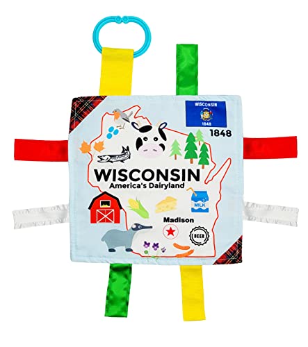 Image of Baby Jack & Co 8x8” Learning Lovey Wisconsin State Tag Stroller Toy for Babies - Crinkle Toys for Developing Five Senses - Learn About Capitals - Travel with Baby Jack - BPA Free Clip