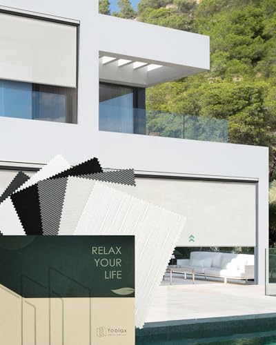 Yoolax Motorized Outdoor Shades for Patio, Solar Powered Electric Roller Shade 2-16FT Wide, Smart Outdoor Blinds with Remote for Outside Window Porch, Fabric Sample (Multicolor)