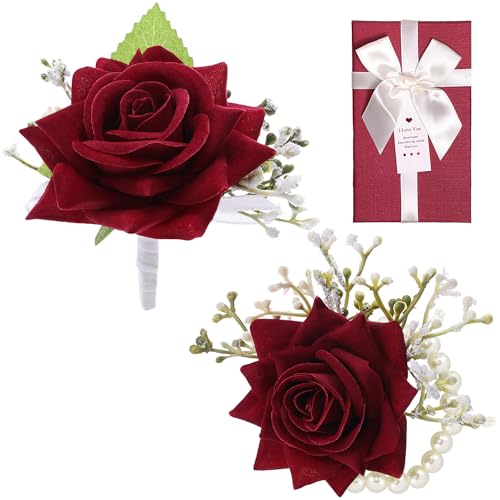 SITUMEIZI 2Pcs Red Rose Corsage and Boutonniere Set Corsage Wristlet Band Bracelet for Prom Decor and Boutonniere for Men Wedding Flowers Accessories Party Suit Ceremony Decoration with Gifts Box