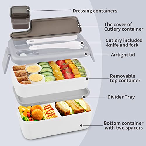 Honzuen Bento Lunch Box 2 Layer, Adults Compartment Bento Box With Sauce Container, Stackable Meal Prep Container With Cutlery, Microwave Safe Leak-Proof Lunch Box For Men Woman (White) #TOP2