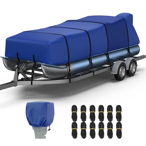 RVMasking Pontoon Boat Cover with Motor Cover, 1400D Heavy Duty Middle Reinforced, Marine Grade Waterproof Boat Cover for Length: 17'-20', Beam Width up to 102