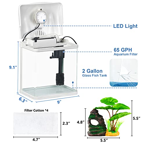 Fish Tank With Filter And Light Self Cleaning System Including Mountain Cave And Leaf Decoration Rimless Aquarium Low Iron Glass 2 Gallon Small Betta Fish Tank Clear Nano Fish Tank Starter Kit #TOP5