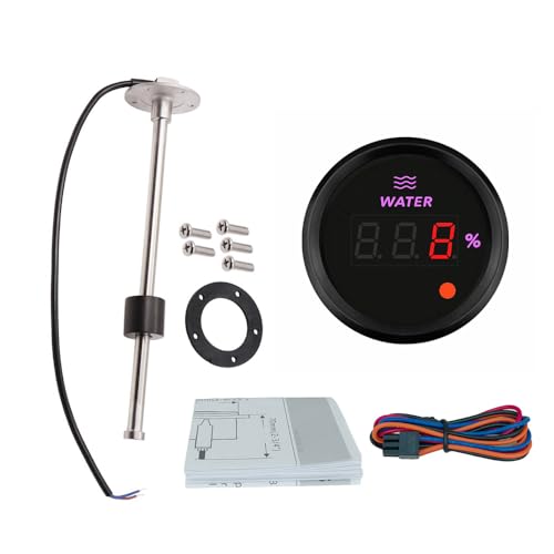 ELING Indicateur de niveau d'eau numérique de 52 mm avec rétroéclairage et voyant d'alarme, 0–190 Ohm, sonde de niveau d'eau de 200 mm pour camping-car et pelle...