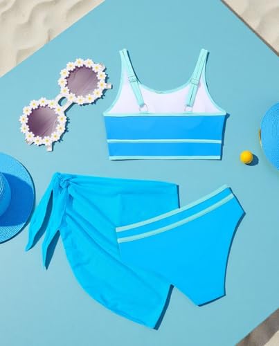 Image of Teen Girls Swimsuit High Waist Sporty Bikini Bathing Suits with Cover Up Skirt and Sunglasses 4 Piece Set 8-15 Years