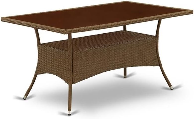 East West Furniture OSJU7-02A 7 Piece Outdoor Wicker Patio Furniture Sets Consist of a Rectangle Bistro Dining Table with Glass Top and 6 Balcony Armchair with Cushion, 36x60 Inch, Brown