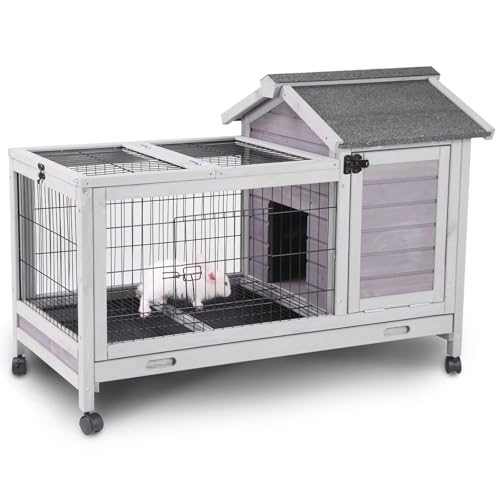 Aivituvin Wooden Rabbit Hutch with Removable Wire Floor Grid, Bunny Cage with Deeper Leakproof Tray 4 Wheels Include