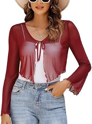 Avidlove Womens Sheer Shrug Tie Front Long Bell Sleeve Mesh Bolero Lightweight Summer Casual Short S...