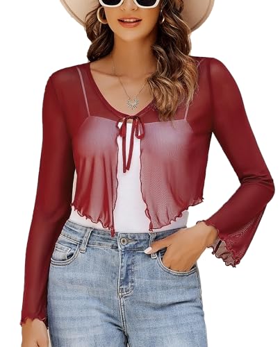 Image of Avidlove Womens Sheer Shrug Tie Front Long Bell Sleeve Mesh Bolero Lightweight Summer Casual Short Shawl Top