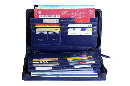 Image of Sukeshcraft Cheque Book Holder for 8 Cheque Books | Multi-Pocket Rexine Organizer I Locker Key Holder | Handy 6.25 x 10.80 x 1.80 inch. Size (Rexine - Blue)