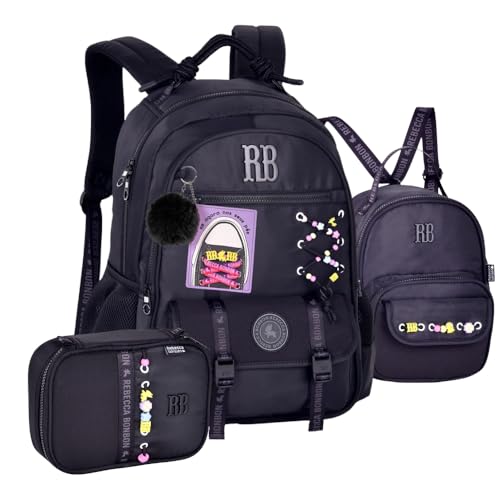 Kit Mochila de Costas RB Rebecca Bonbon Beaded Fun com Estojo Box e Lancheira 2x1 (PRETA)