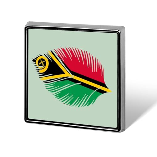 Broche carrée en métal représentant le drapeau de Vanuatu, ornée d'une plume. Bijou unisexe.
