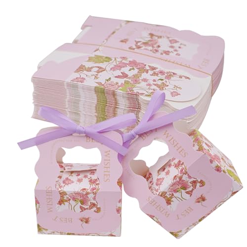 NAHUAA Lot de 50 Petite Boite Cadeau Vide en Papier Boite Dragees Bapteme Communion Mariage, Contenant Dragées avec Poignées et Ruban, Cadeau Invites...