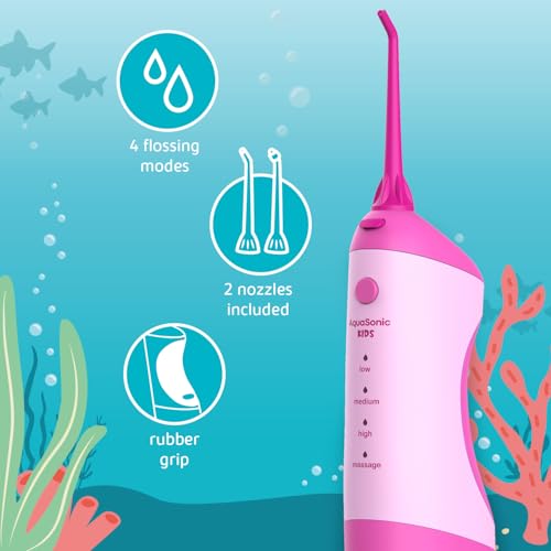 AquaSonic Kids' Water Flosser for Ages 6+ | Standard Nozzle, Orthodontic Nozzle & Waterproof Stickers | 4 Flossing Modes | Aquarium Adventures Theme - Image 2