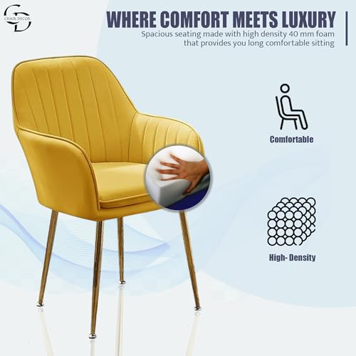 Image of Velvet Accent Chair with Matching Pouffe & Floral Cushion | Modern Upholstered Armchair with Gold Metal Legs | Lounge Chair for Living Room, Bedroom, Office, Guest Room (Yellow)