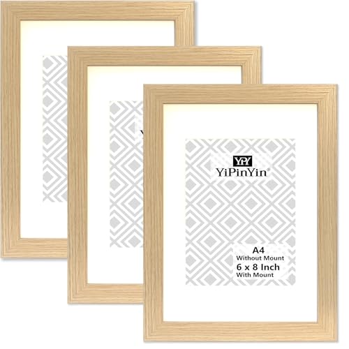 A4 Oak Wood Effect Photo Frame set of 3 with mount for 6x8 photo, Natural Wood A4 Picture frames 3 Pack, A5 frames With Perspex Front for Tabletop or Wall Display