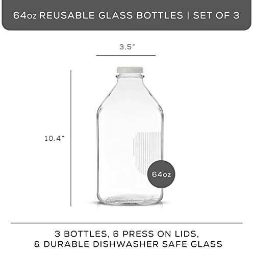 JoyJolt Glass Milk Bottles with Lids and Pourer – 64 Oz, 3 Pack Airtight Heavy Duty Reusable Glass Bottles, Leakproof, BPA-Free, Food Grade, Dishwasher Safe Jug, Pitcher for Milk, Juice, and Water - Image 3