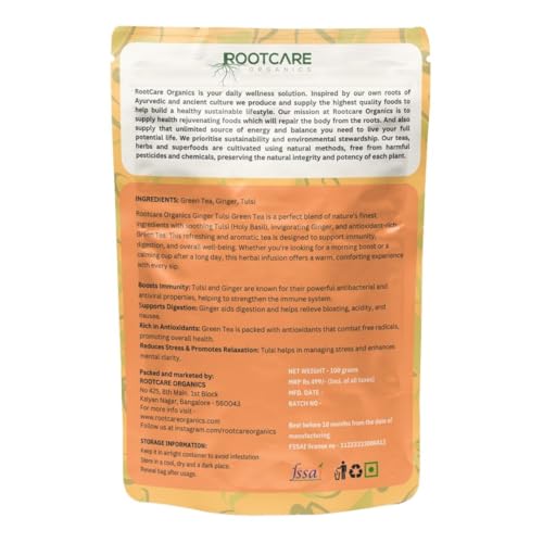 Image of Rootcare Organics green tea for weight loss Tulsi Ginger Herbal Tea 100g Pack Of 1 Month Rich in Antioxidants Supports Digestion Stress Relieving Helps Boost Metabolism Caffeine-Free Loose Leaves
