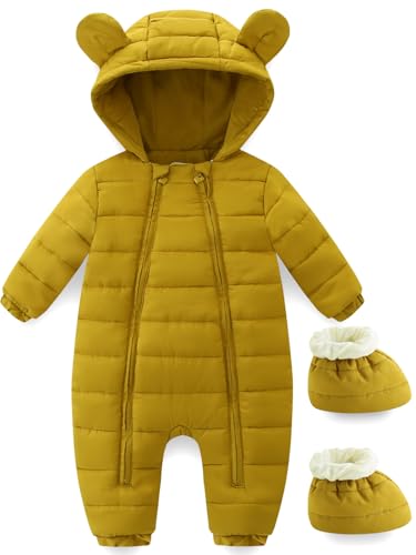 Hikido Toddler Adorable Hooded Snowsuit Girls Boys Onesie Footed Winter Coat Romper for for 12~18M Ginger