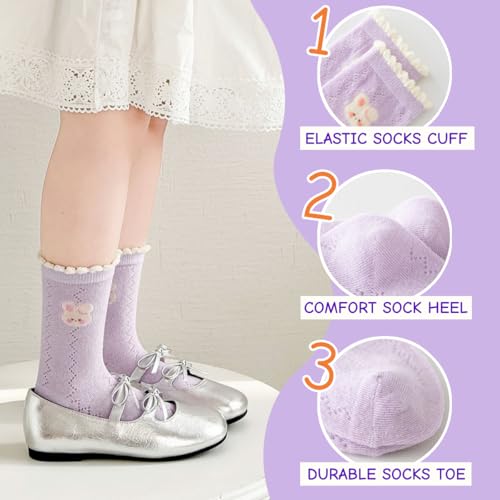 Girls Cotton Thin Mesh Crew Socks, Kids Floral Flower Cute Summer Socks, 5 Pairs, 3~12Years3
