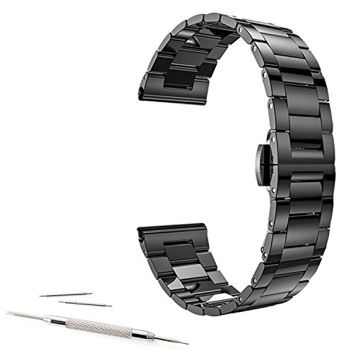 22mm Stainless Steel Link Buckle Watch Band For ASUS Zenwatch 2 WI501Q 2015, 46mm moto 360 2nd 2015, Pebble time, TIME STEEL, Samsung Gear 2, Neo, Live, LG G Watch, Urbane R (Black)