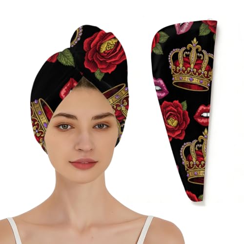 Chintiz Microfiber Hair Towel Wrap for Women - Crown Rose Lips Super Absorbent Fast Drying Head Hair Towels - Elastic Loop Design Anti-Frizz Soft Turbans for Wet Long, Curly, Thick Hair