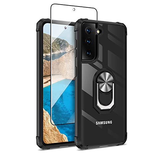 Jusy Samsung Galaxy S21 fe Hülle mit Schutzfolie, mit Ständer, magnetische Autohalterung, Stoßfester, Militärischer Schutzhülle für Samsung s21 fe Handyhülle (Schwarz) Cover