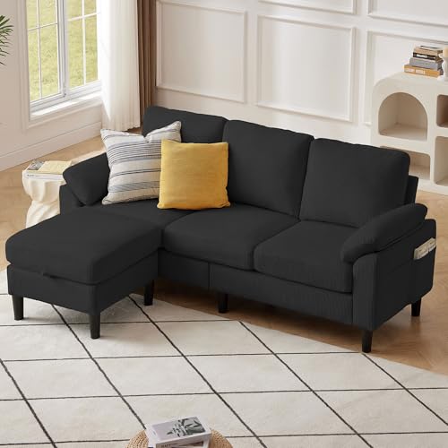 Image of 80''L Shaped Sectional Sofa Couch, 3 Seater Corduroy Sofa with Storage Ottoman, Removable & Washable Cushion Covers, Side Pockets, Modern L Couch for Living Room, Black