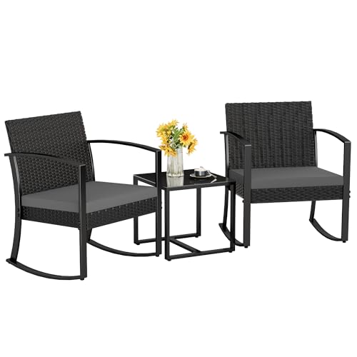 Homall Patio Furniture Set 3 Piece Resin Outdoor Bistro Set Rocking Patio Chairs with Cushions and Table for Porch, Poolside, Balcony and Yard (Grey)