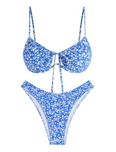 Image of ZAFUL Women High Cut Bikini Sets String Sexy Swimsuit Two Piece Underwire Bathing Suit Brazilian Cheeky Cut Out Cute Swimwear
