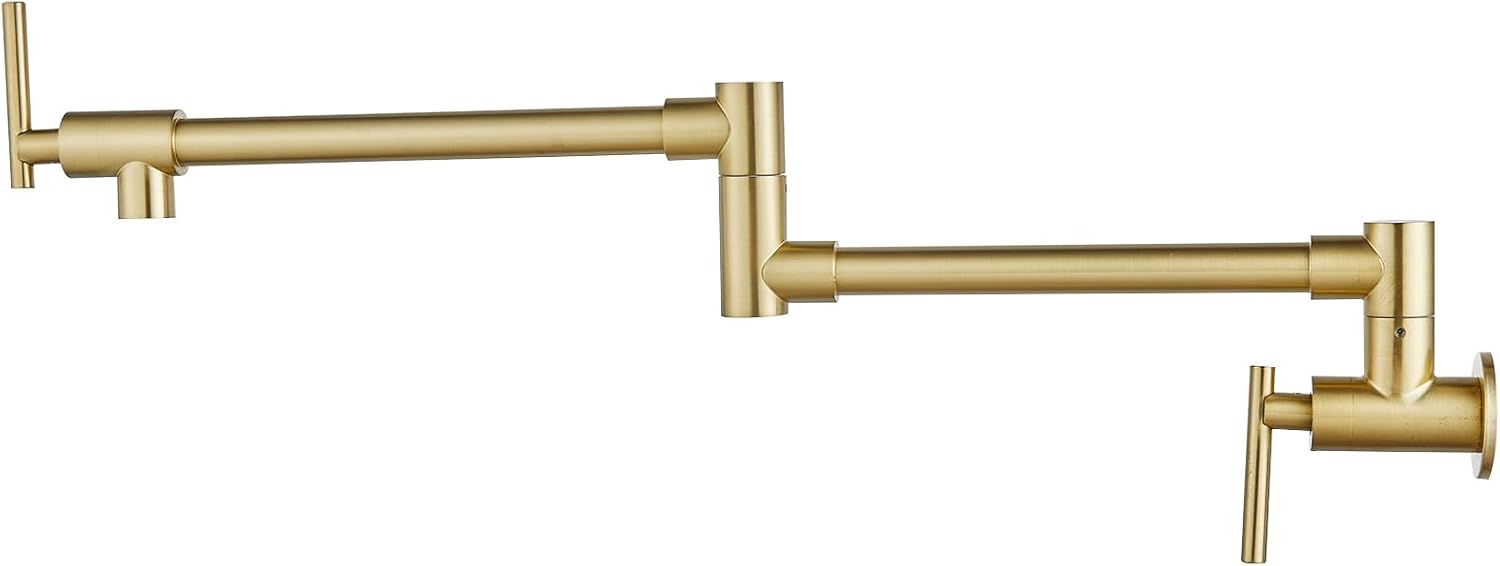 Pot Filler Faucet Brushed Champagne/Drawing Gold Folding Stretchable Wall Mount Kitchen Restaurant Sink Faucet SUS304 Stainless Steel with Double Joint Swing Arm Single Hole Two Handles NPT Commercial