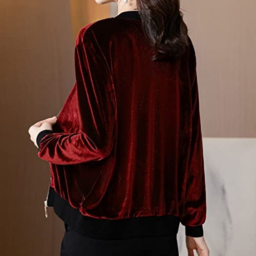 Xunger Women’s Full Zip Velvet Bomber Jacket V Neck Long Sleeve Solid Color Fall Coat Outwear Velvet Sweatshirt2