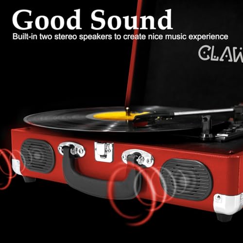 Image of Claw Stag Portable Vinyl Record Player Turntable with Built-in Stereo Speakers, Volume Control Knob, AUX Input and RCA Output, 78 RPM Speed, High Qualiy Diamond Stylus and Headphone Jack (Red)