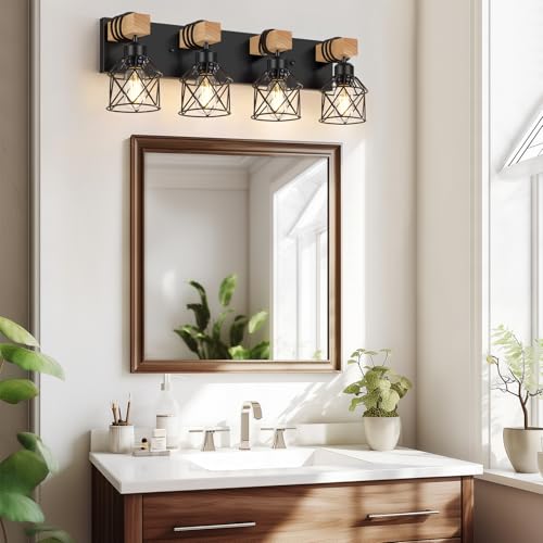 FadimiKoo-4-Light-Rustic-Style-Wood-Bathroom-Vanity-Light-Fixtures-Black-Bathroom-Lighting-with-Cage-Metal-Shade-Farmhouse-Wall-Sconces-for-Hallway-Bedroom-Dressing-Table FadimiKoo 4 Light Rustic Style Wood Bathroom Vanity Light Fixtures Black Bathroom Lighting with Cage Metal Shade Farmhouse Wall Sconces for Hallway Bedroom Dressing Table