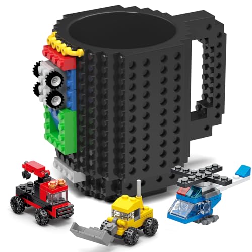 DAYMOO Build-on Bricks kaffeebecher, Lustige tassen, Kreative DIY kaffeetassen Baustein tasse kinder, Geschenkideen für Männer Kinder, Schwarz