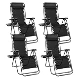 Sweetcrispy Zero Gravity Chairs, Set of 4 Portable Recliner Beach Camping Patio Outdoor Folding Lounge Chair with Cup Holder Trays and Adjustable Pillow for Poolside, Garden, Backyard, Lawn (Black)