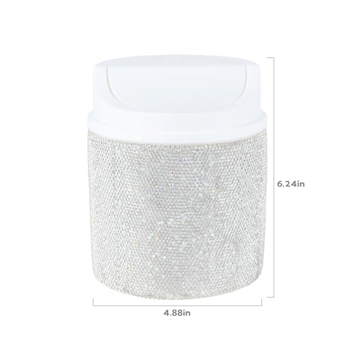 Image of KEYPOWER Bling Rhinestone Mini Plastic Trash Can Cute Small Waste Can with Swing Lid,Suitable for Home Countertop,Car,Table Desk,Office (White)