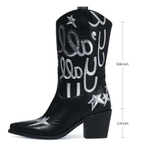 Women's Metallic Embroidery Western Knee High Boots Pointed Toe Chunky Heel Cowboy Boots Comfortable and Stylish Mid Calf Cowgirl Boots2