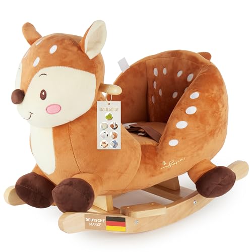 Bieco Plüsch Schaukeltier REH Lina, 60 cm | Kinder Schaukelstuhl mit Sicherheitsgurt | Baby Schaukel | Schaukel Kleinkind | Schaukeltier Baby Schaukelwippe ab 9 Monate Schaukelpferd Holz